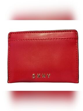 DKNY Red Faux Leather Slim Card Holder Wallet Gold Lettering